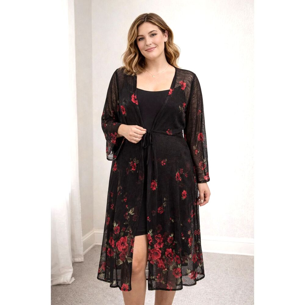 Romantic Red Rose Floral Duster Fairy Dark Academia Whimsygoth Dark Sheer Size M